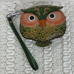 Handcrafted Leather Owl Wristlet Coin Purse Green Orange Bird Indie Boho